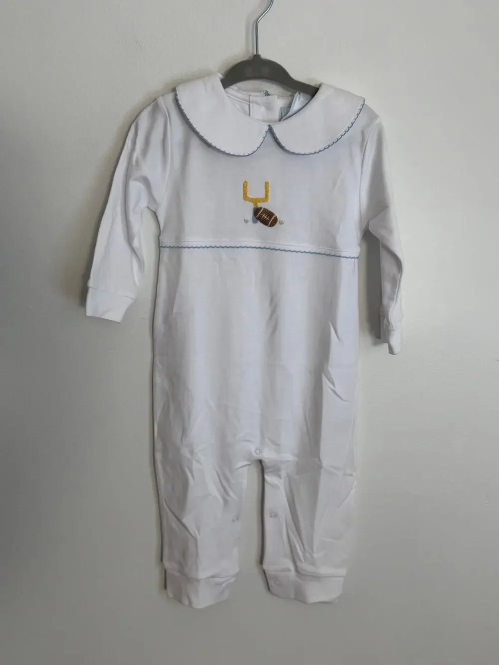 Little English Crochet Playsuit Football Pima Cotton NWT size 12mo